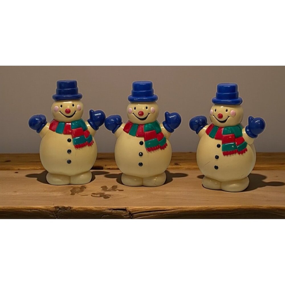 3 Vintage Christmas Snowmen  Blow Molds Top Hat Retro Red Green Scarf Holiday